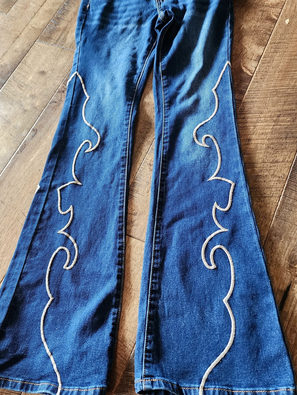 GOGO Blue Denim Flared Jeans with Cream Embroidery